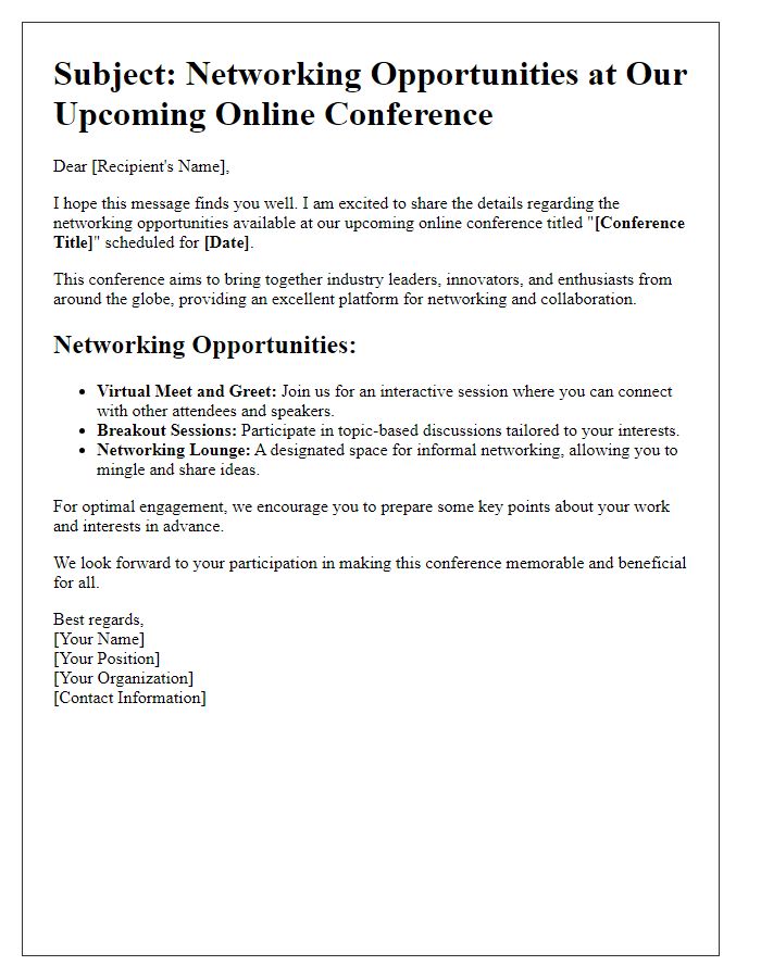 Letter template of networking opportunities within the online conference.