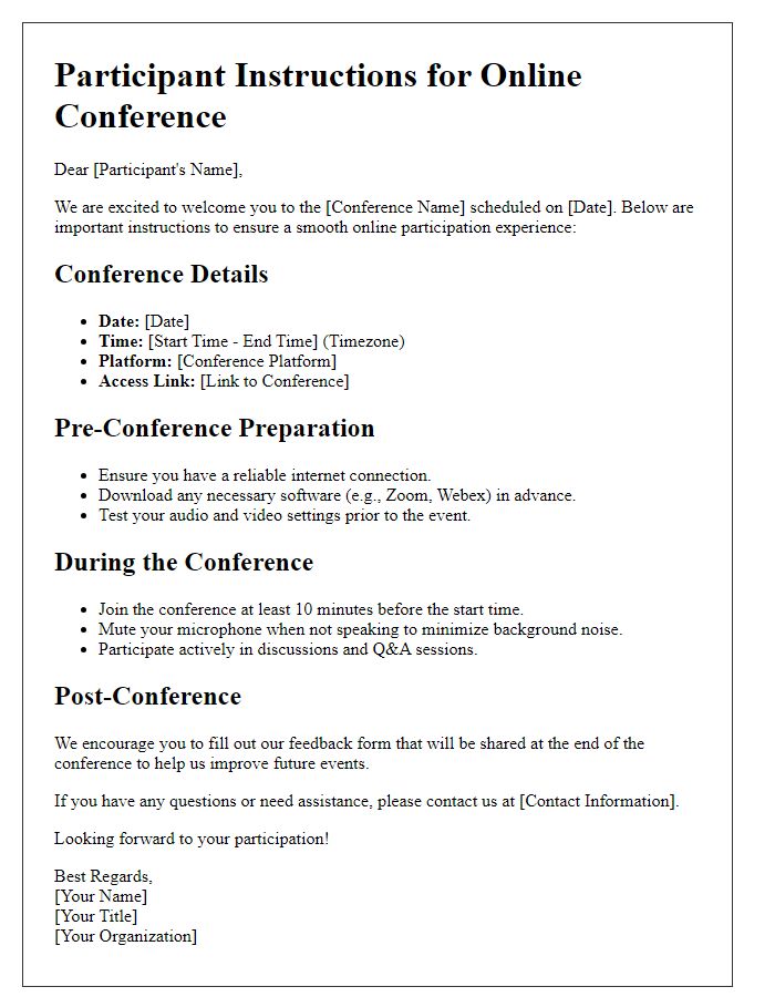 Letter template of participant instructions for online conference participation.