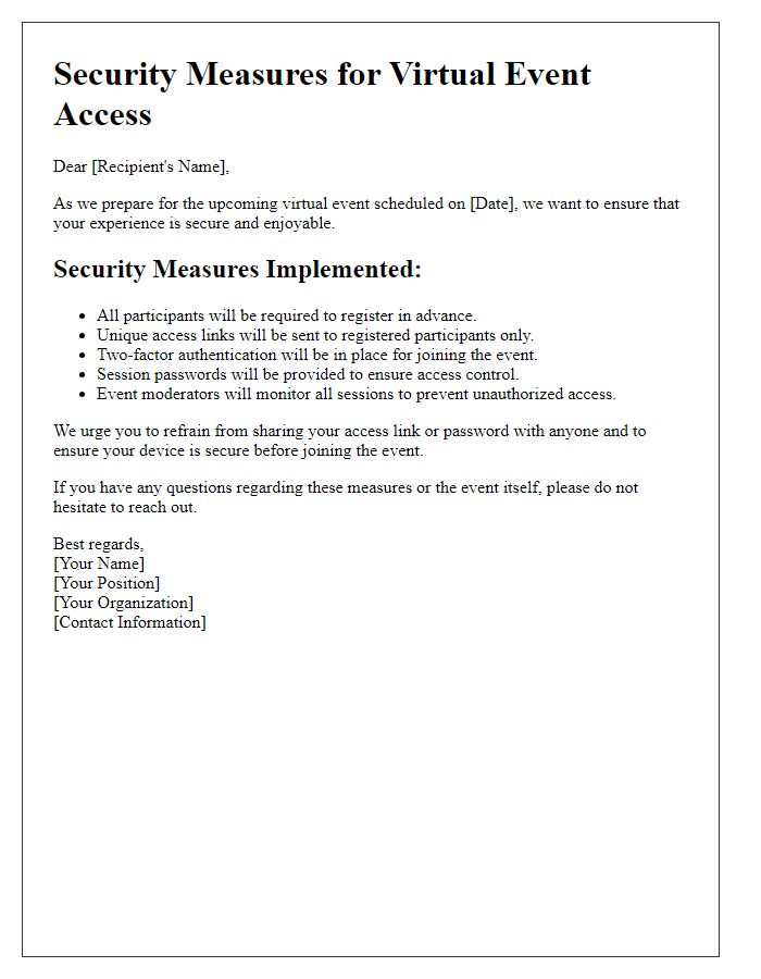 Letter template of security measures for virtual event access.