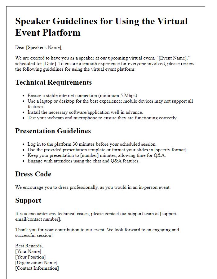 Letter template of speaker guidelines for using the virtual event platform.