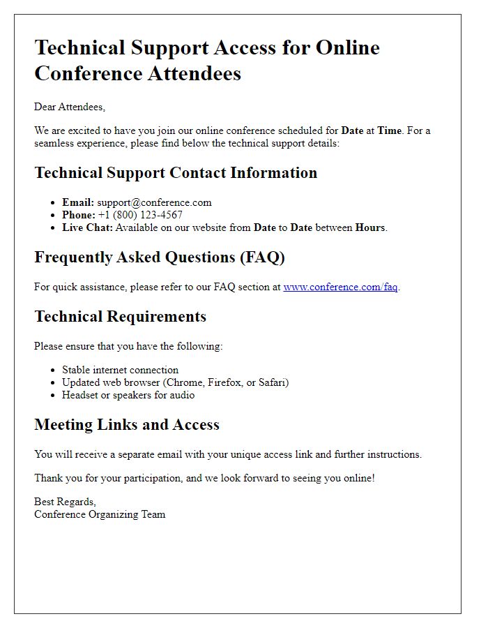 Letter template of technical support details for online conference attendees.