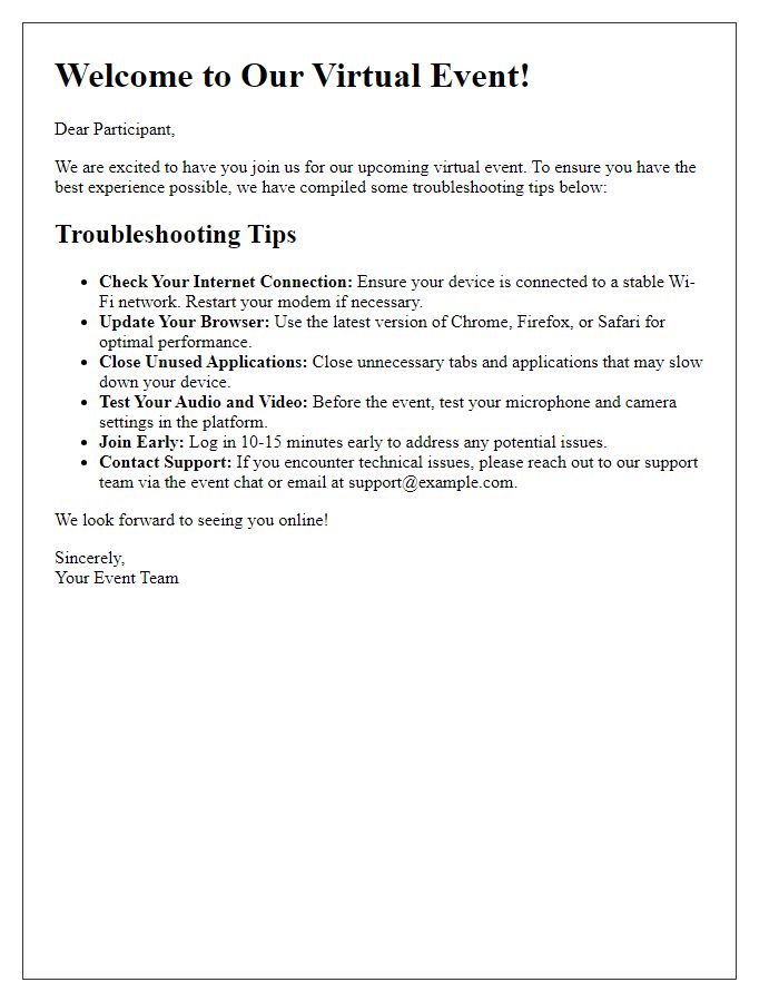 Letter template of troubleshooting tips for virtual event participants.