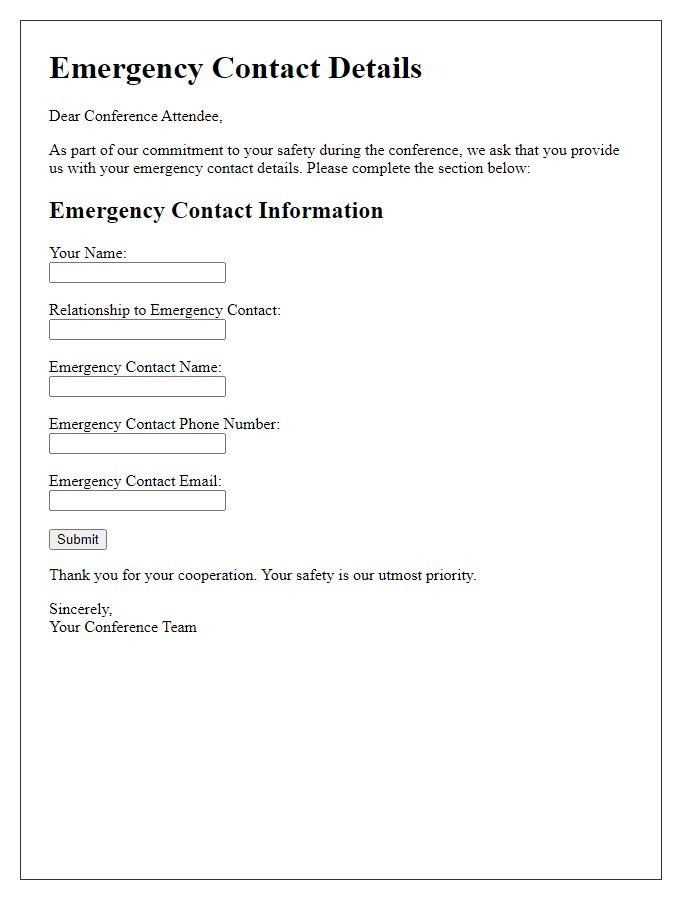 Letter template of emergency contact details for conference attendees