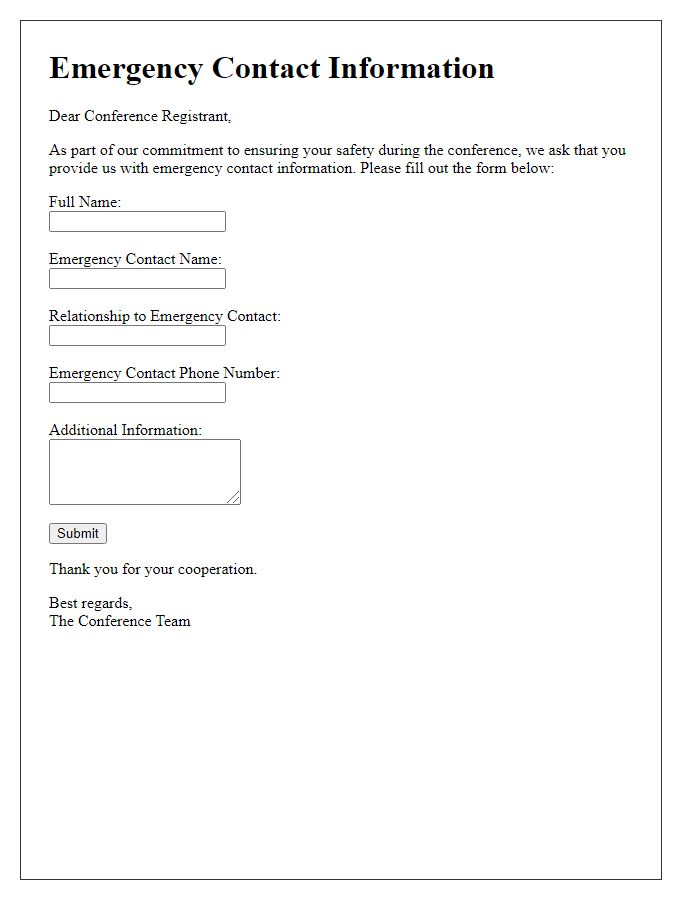 Letter template of emergency contact forms for conference registrants