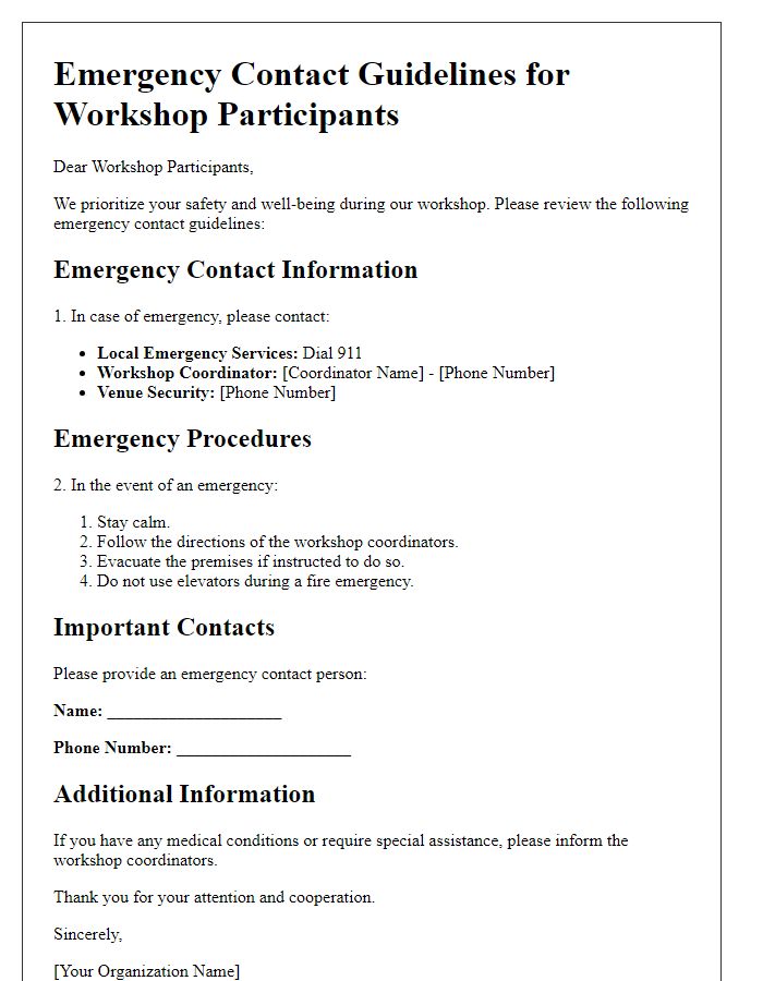 Letter template of emergency contact guidelines for workshop participants