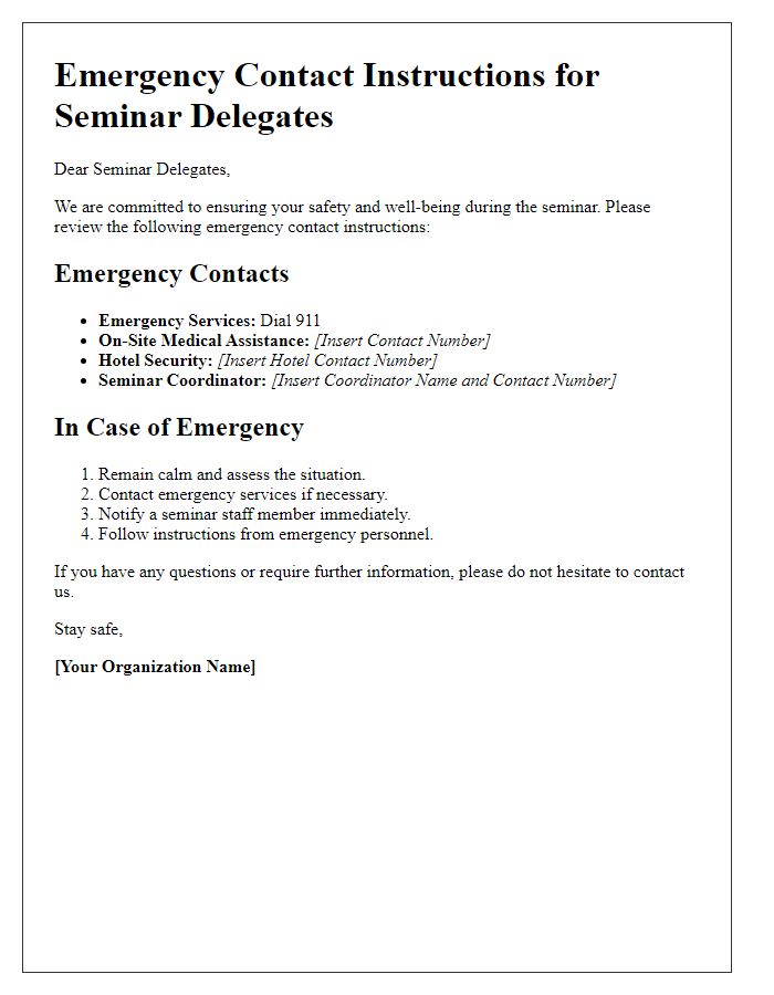 Letter template of emergency contact instructions for seminar delegates