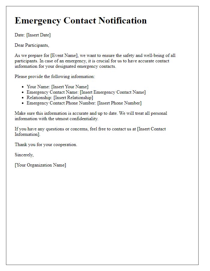 Letter template of emergency contact notification for event participants