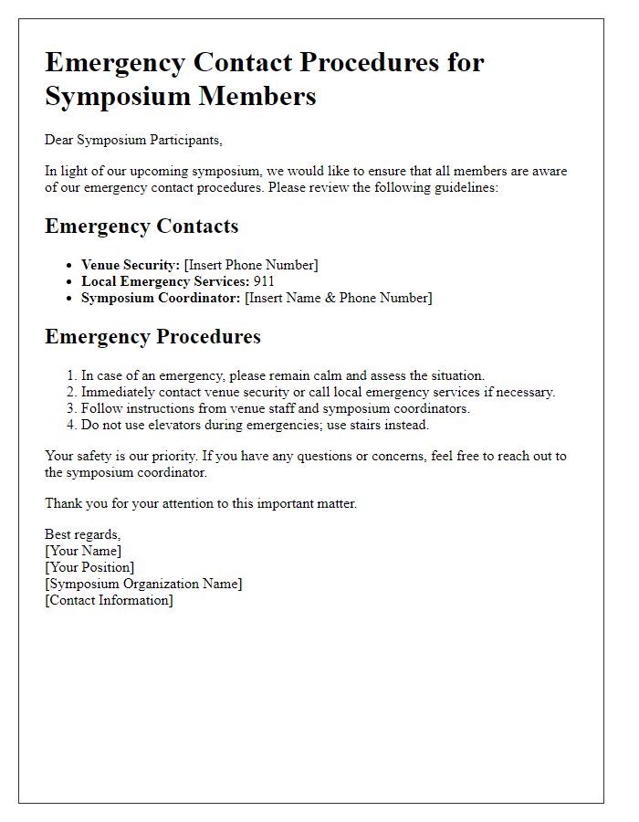 Letter template of emergency contact procedures for symposium members