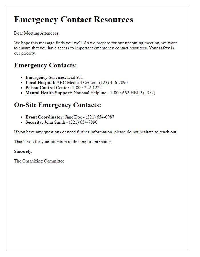 Letter template of emergency contact resources for meeting attendees