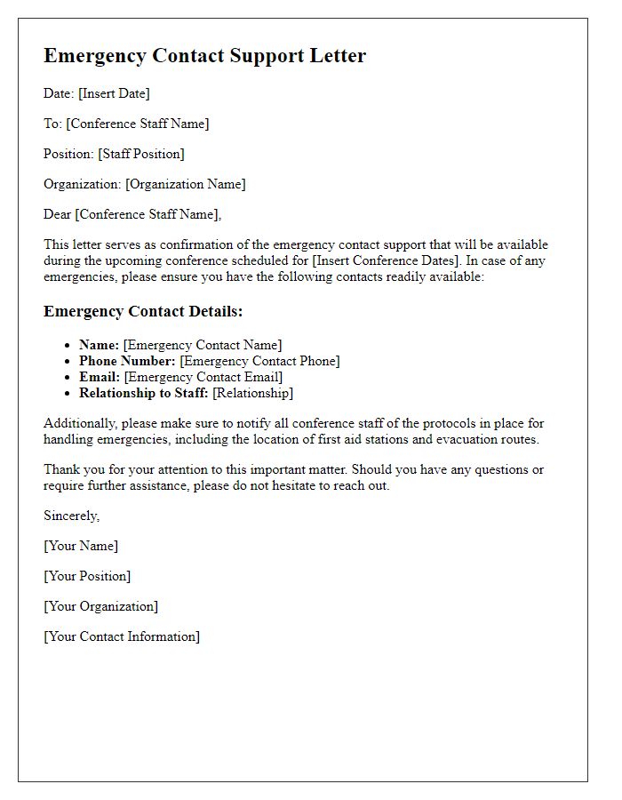 Letter template of emergency contact support for conference staff