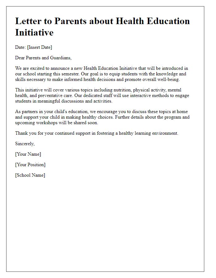 Letter template of health education initiative for schools