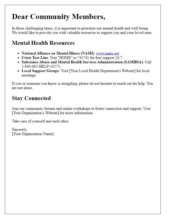 Letter template of mental health support resources for citizens