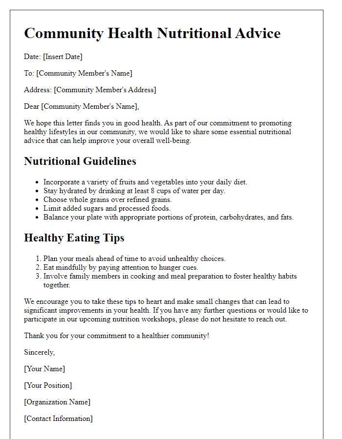 Letter template of nutritional advice for community health