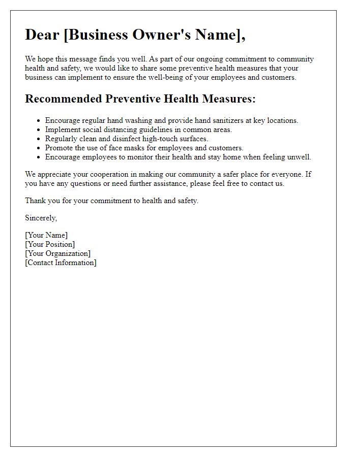 Letter template of preventive health measures for local businesses