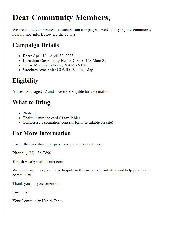 Letter template of vaccination campaign details for the public