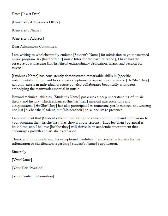 Letter template of music tutor endorsement for university application