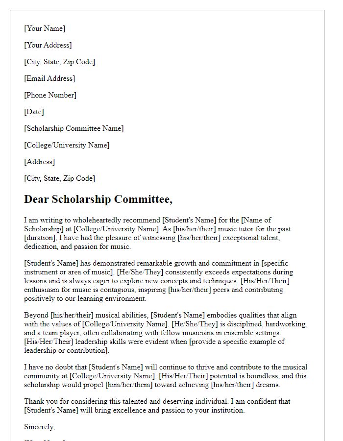 Letter template of music tutor recommendation for college scholarship