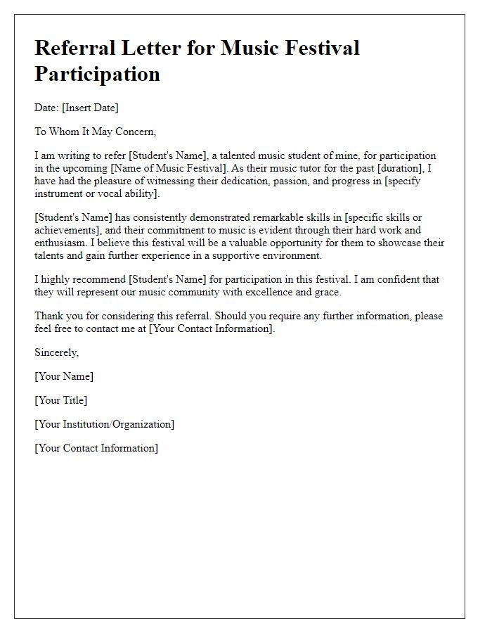 Letter template of music tutor referral for music festival participation