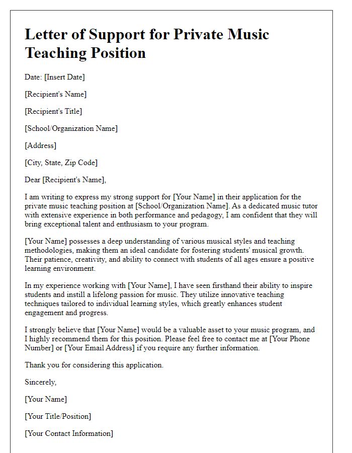 Letter template of music tutor support for private teaching position