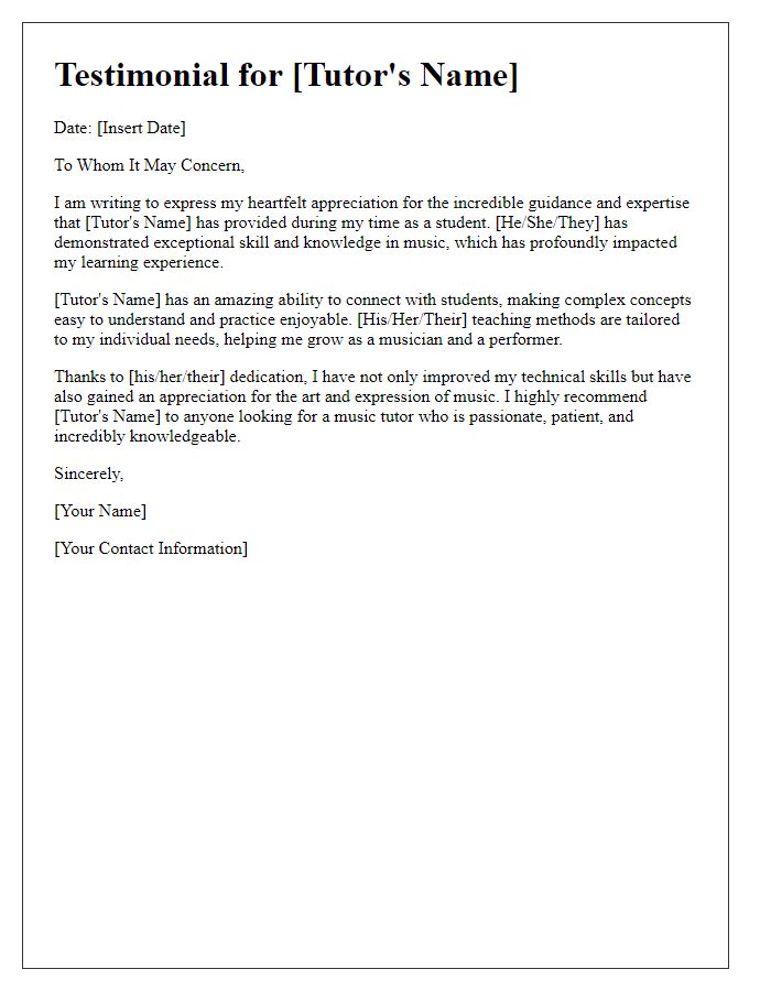 Letter template of music tutor testimonial for online portfolio