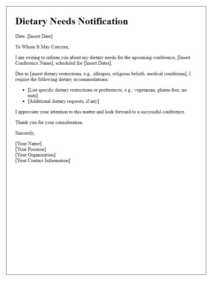 Letter template of dietary needs for conference participation