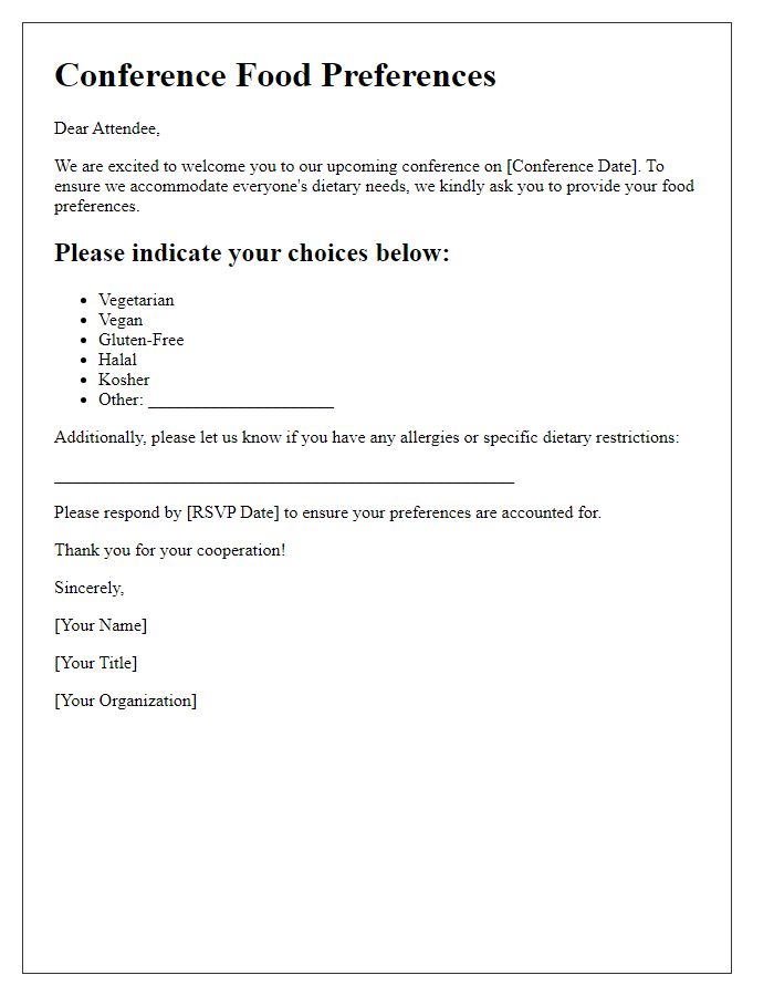 Letter template of food preferences for conference attendees