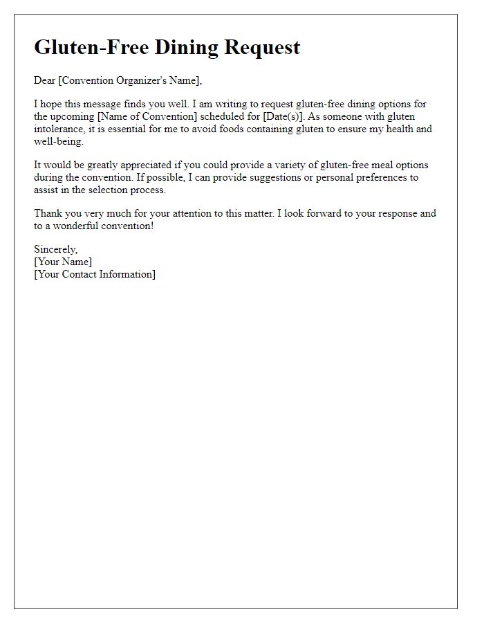 Letter template of gluten-free dining request for convention