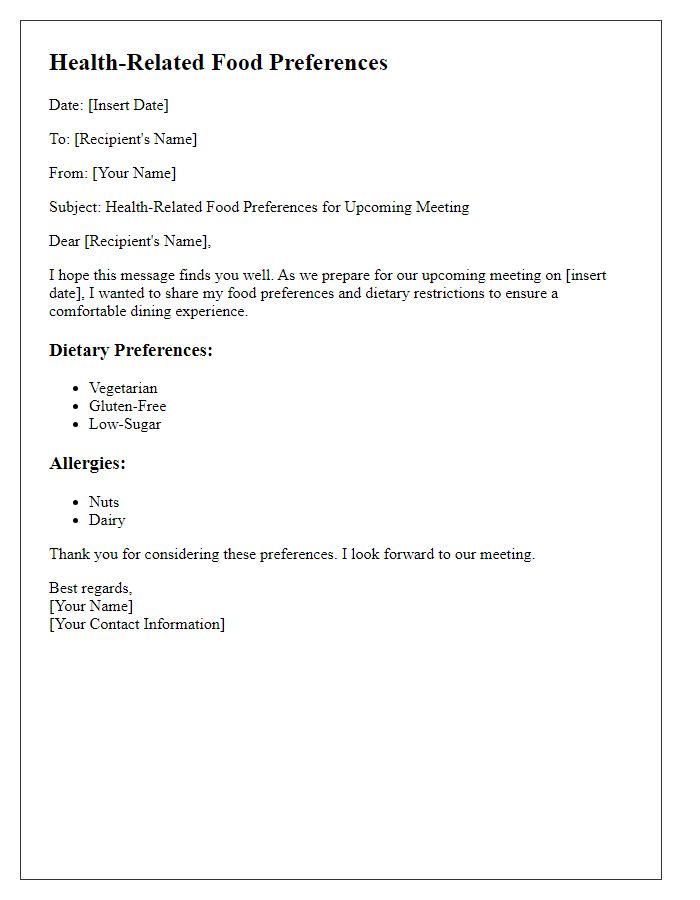 Letter template of health-related food preferences for meeting