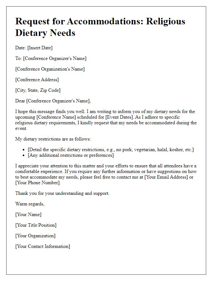 Letter template of religious dietary needs for conference