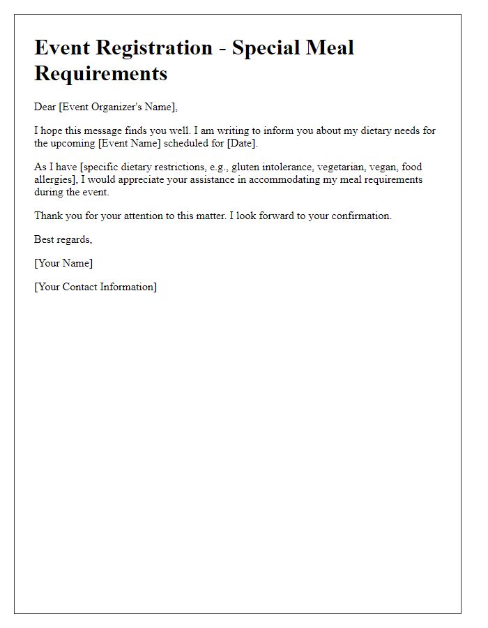 Letter template of special meal requirements for event registration