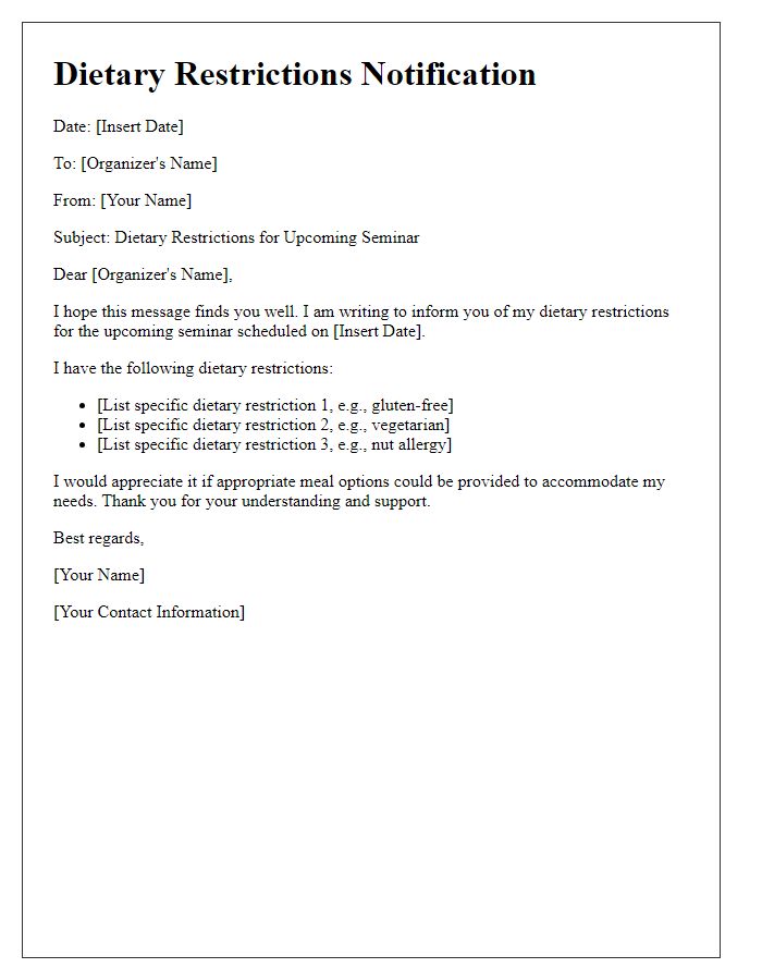 Letter template of specific dietary restrictions for seminar