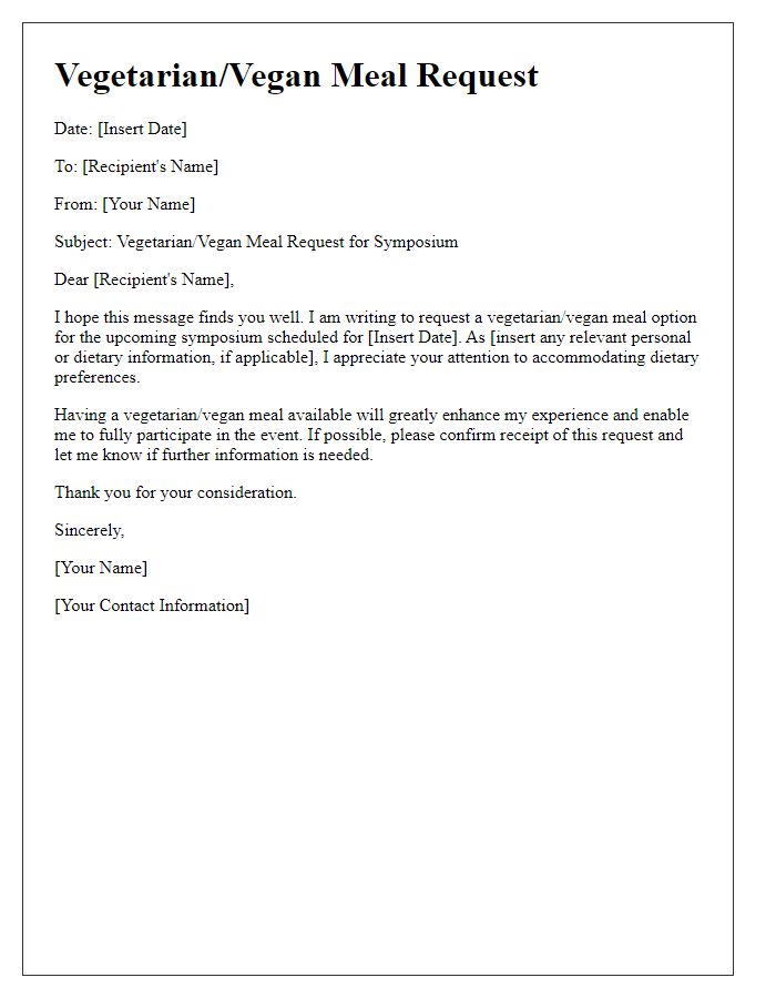 Letter template of vegetarian/vegan meal request for symposium