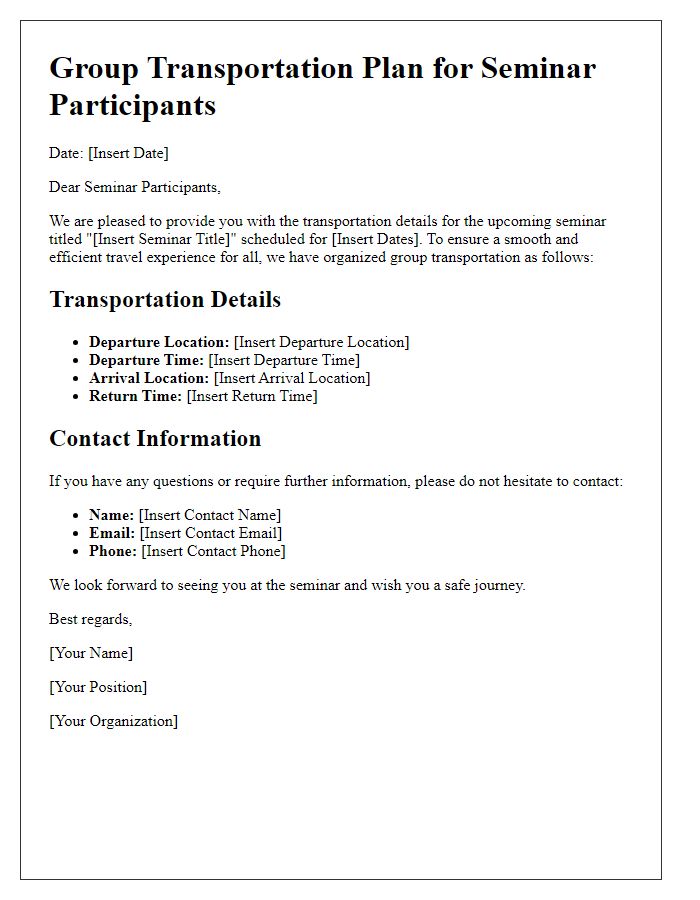 Letter template of group transportation plan for seminar participants