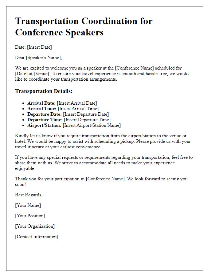 Letter template of transportation coordination for conference speakers