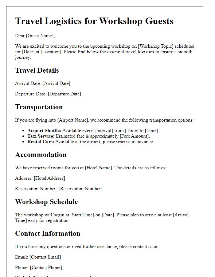 Letter template of travel logistics for workshop guests