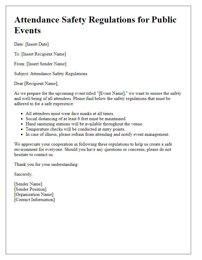 Letter template of attendance safety regulations for public events.