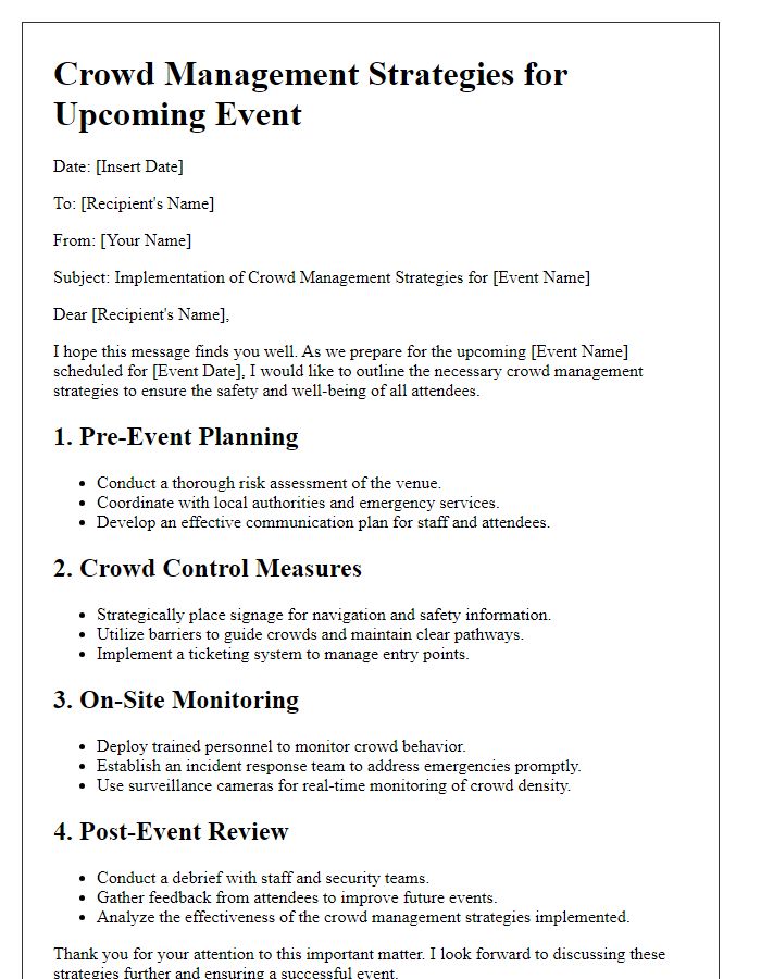 Letter template of crowd management strategies for large gatherings.