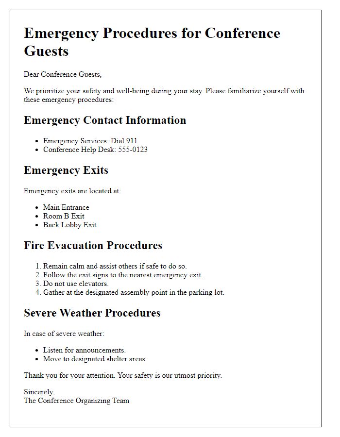 Letter template of emergency procedures for conference guests.