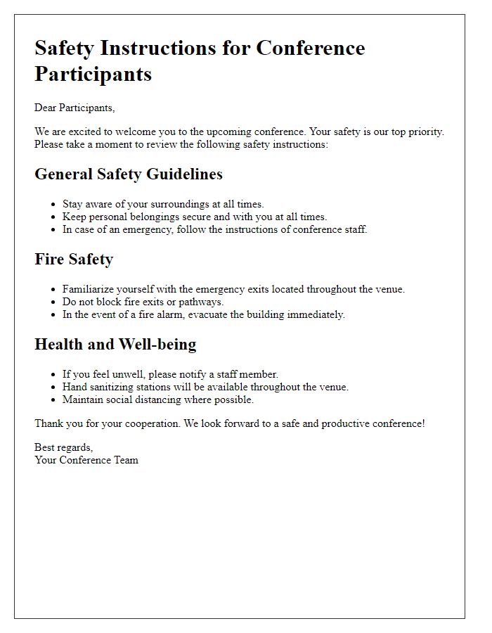 Letter template of safety instructions for conference participants.