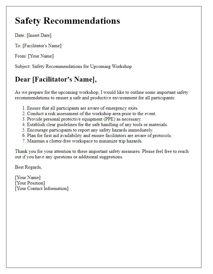 Letter template of safety recommendations for workshop facilitators.