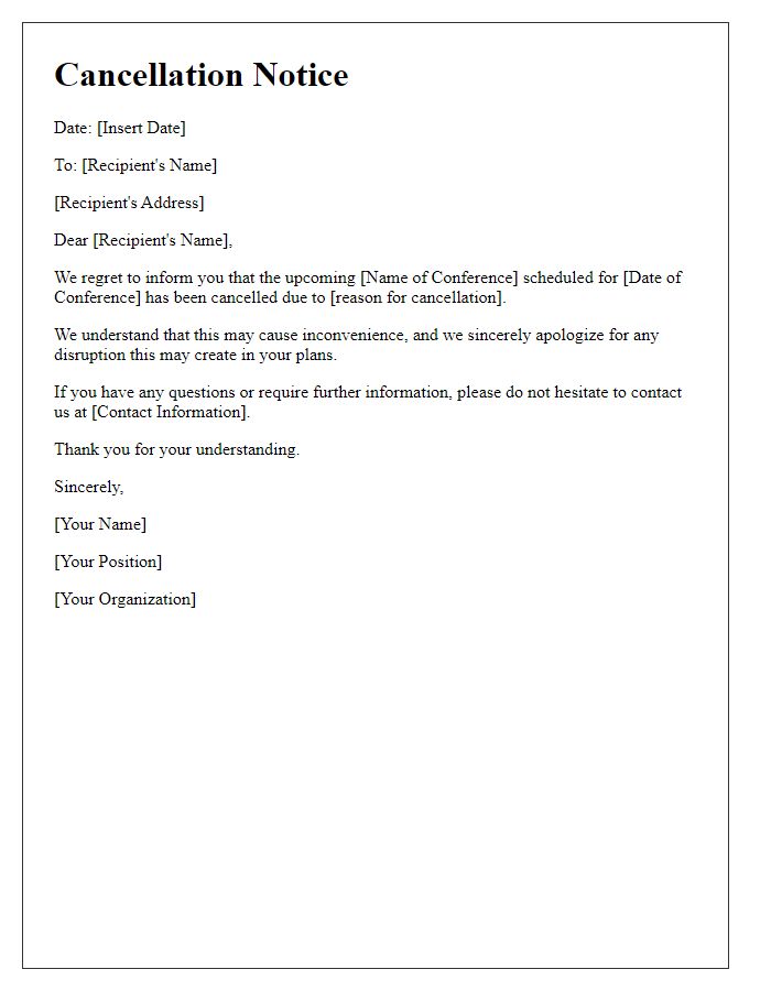 Letter template of cancellation notice for the upcoming conference