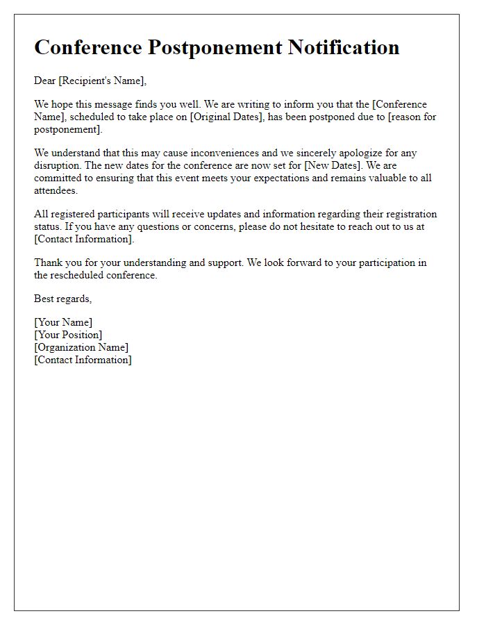 Letter template of conference postponement communication