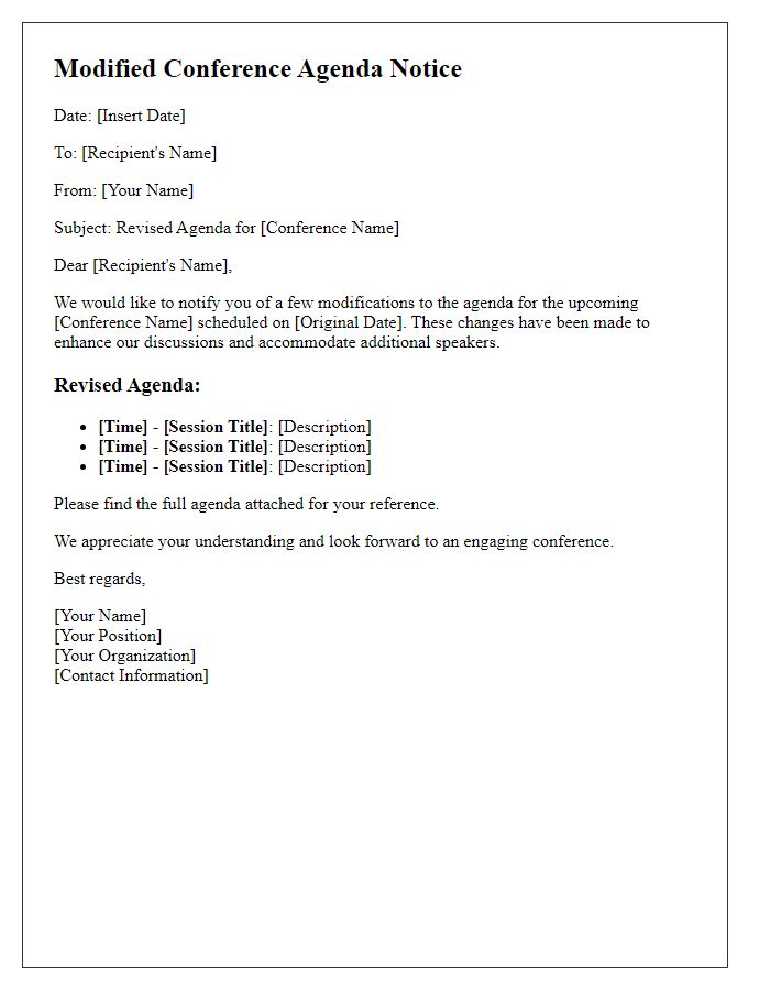 Letter template of modified conference agenda notice