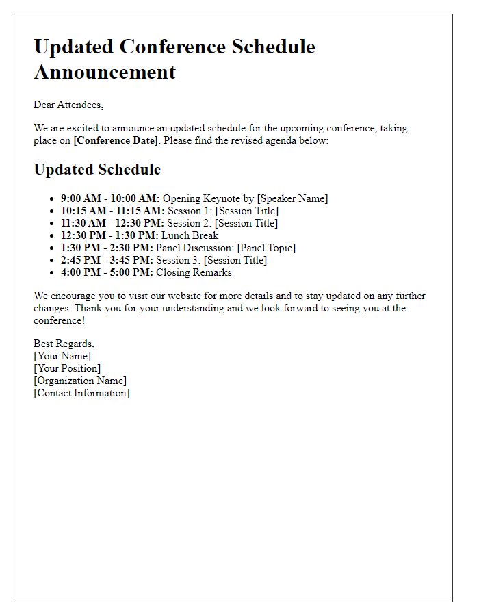 Letter template of updated conference schedule announcement