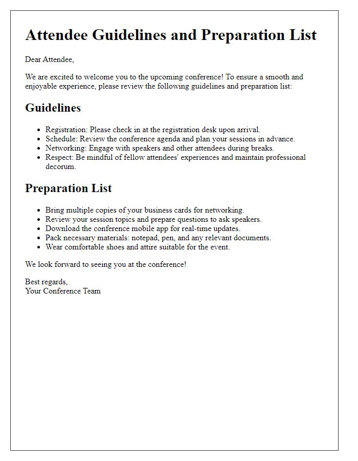 Letter template of attendee guidelines and preparation list for conferences