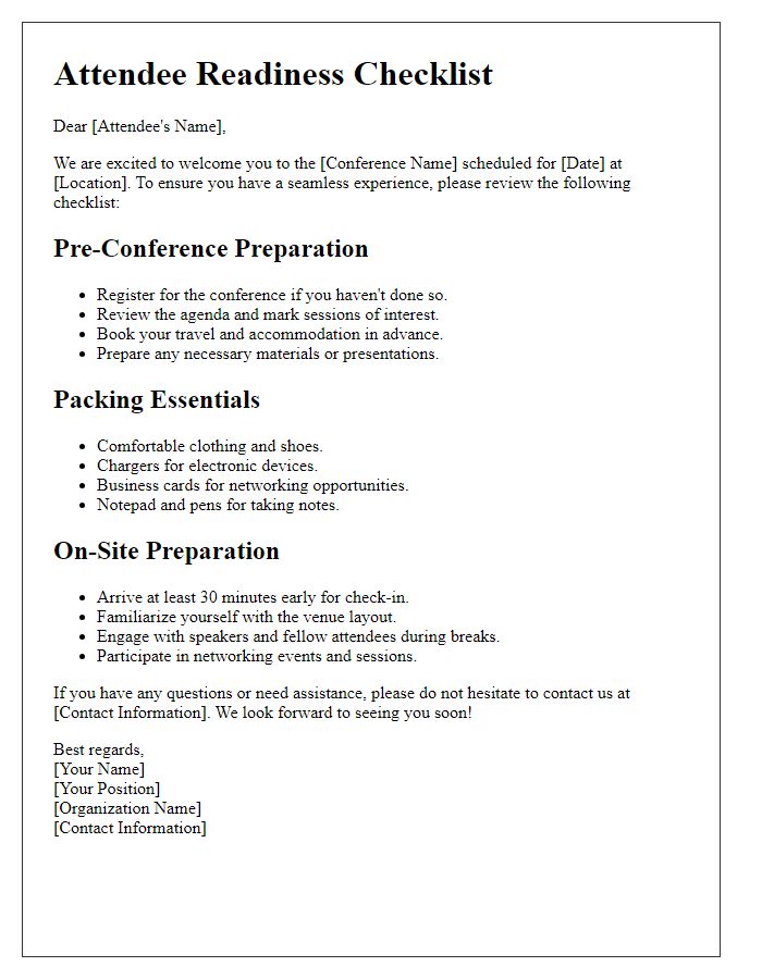 Letter template of attendee readiness checklist for conferences