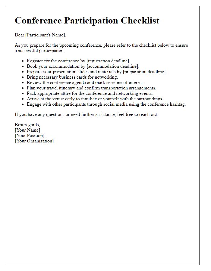 Letter template of checklist for successful conference participation