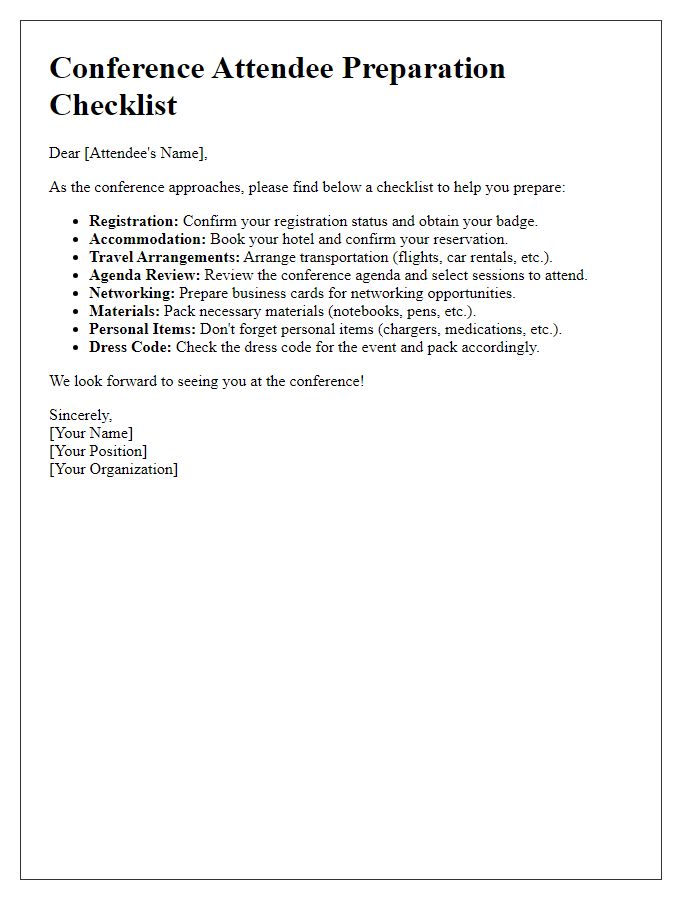 Letter template of conference attendee preparation checklist