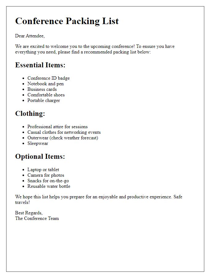 Letter template of conference packing list for attendees