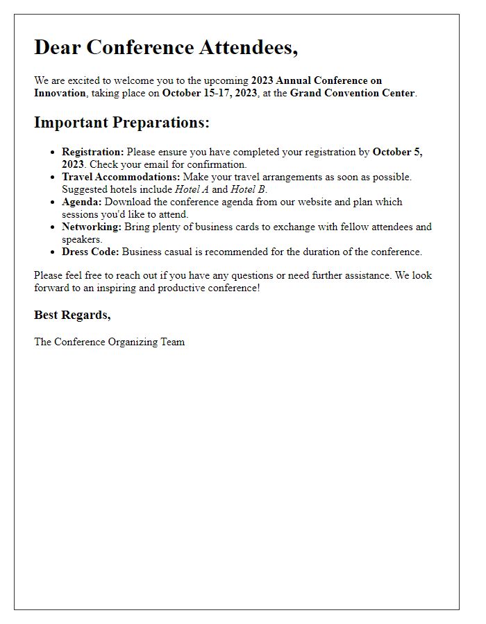 Letter template of important preparations for conference attendees